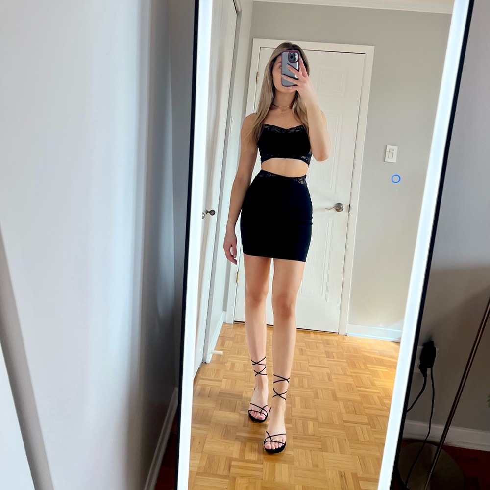 Two piece skirt and bralette set (black with lace trimming)